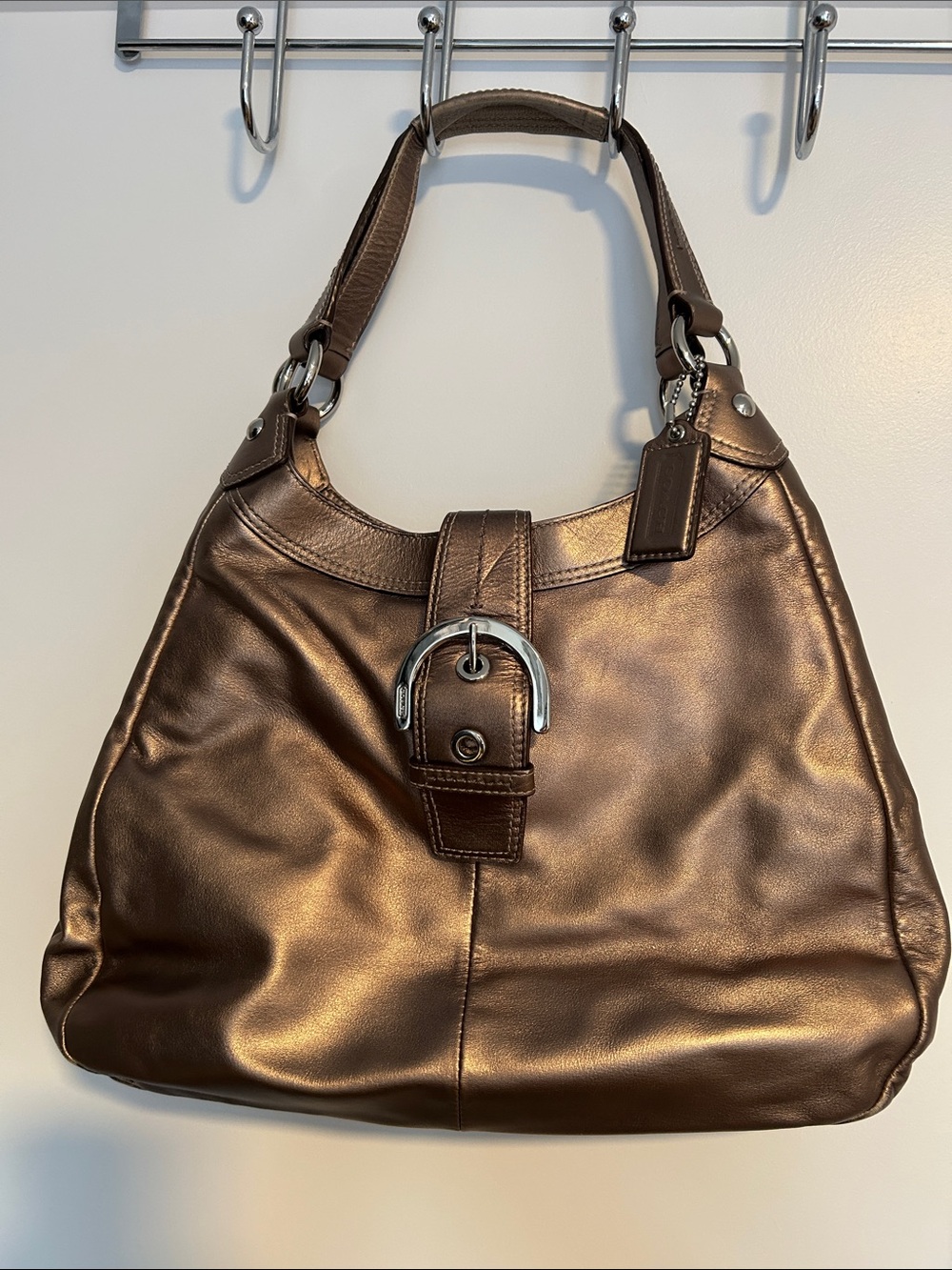 Coach Metallic Brown Leather Shoulder Bag with Buckle